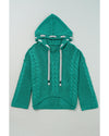 Sea Green Cable Knit V Neck Contrast Drawstring Hooded Sweater - M