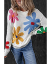 White Colorful Big Flower Pattern Crewneck Sweater - L