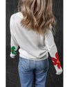 White Colorful Big Flower Pattern Crewneck Sweater - L