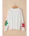 White Colorful Big Flower Pattern Crewneck Sweater - S