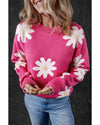 Bright Pink Daisy Flower Crew Neck Long Sleeve Sweater - L