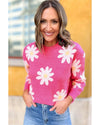 Bright Pink Daisy Flower Crew Neck Long Sleeve Sweater - L