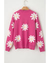 Bright Pink Daisy Flower Crew Neck Long Sleeve Sweater - L