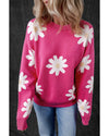 Bright Pink Daisy Flower Crew Neck Long Sleeve Sweater - M