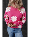 Bright Pink Daisy Flower Crew Neck Long Sleeve Sweater - M