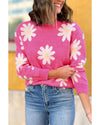 Bright Pink Daisy Flower Crew Neck Long Sleeve Sweater - M