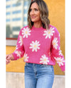 Bright Pink Daisy Flower Crew Neck Long Sleeve Sweater - M