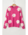 Bright Pink Daisy Flower Crew Neck Long Sleeve Sweater - M