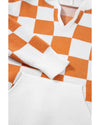 Gold Flame Checkered Split Neck Contrast Kangaroo Pocket Hooded Sweater - L