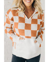 Gold Flame Checkered Split Neck Contrast Kangaroo Pocket Hooded Sweater - L