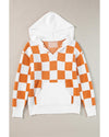Gold Flame Checkered Split Neck Contrast Kangaroo Pocket Hooded Sweater - L