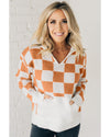 Gold Flame Checkered Split Neck Contrast Kangaroo Pocket Hooded Sweater - L