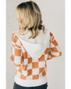 Gold Flame Checkered Split Neck Contrast Kangaroo Pocket Hooded Sweater - L