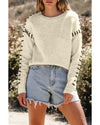 White Contrast Stitch Detail Ribbed Trim Sweater - L