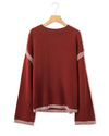 Red Dahlia Color Contrast Trim Drop Shoulder Crew Neck Sweater - S
