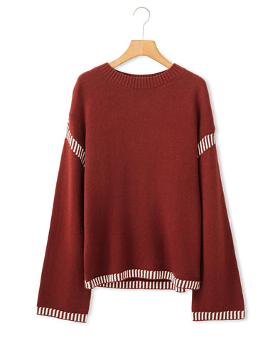 Red Dahlia Color Contrast Trim Drop Shoulder Crew Neck Sweater - S