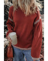 Red Dahlia Color Contrast Trim Drop Shoulder Crew Neck Sweater - S