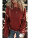 Red Dahlia Color Contrast Trim Drop Shoulder Crew Neck Sweater - S