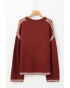 Red Dahlia Color Contrast Trim Drop Shoulder Crew Neck Sweater - S