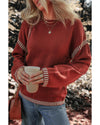 Red Dahlia Color Contrast Trim Drop Shoulder Crew Neck Sweater - S