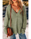Jungle Green Loose Eyelet V Neck Drop Shoulder Sweater - M