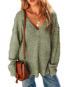 Jungle Green Loose Eyelet V Neck Drop Shoulder Sweater - S