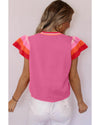 Bright Pink Contrast Flutter Sleeves Knitted Sweater T Shirt - M