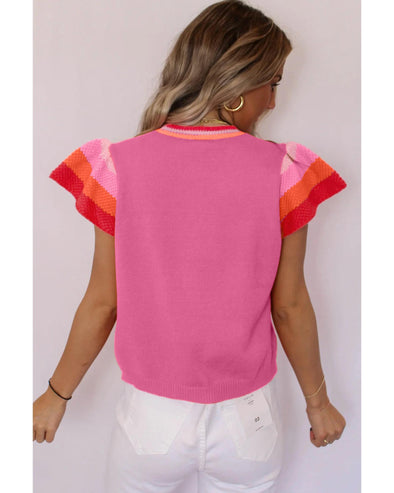 Bright Pink Contrast Flutter Sleeves Knitted Sweater T Shirt - M