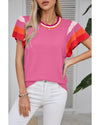 Bright Pink Contrast Flutter Sleeves Knitted Sweater T Shirt - M