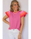 Bright Pink Contrast Flutter Sleeves Knitted Sweater T Shirt - M