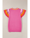 Bright Pink Contrast Flutter Sleeves Knitted Sweater T Shirt - M