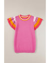 Bright Pink Contrast Flutter Sleeves Knitted Sweater T Shirt - M