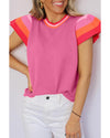Bright Pink Contrast Flutter Sleeves Knitted Sweater T Shirt - M