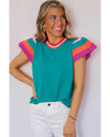 Turquoise Contrast Flutter Sleeves Knitted Sweater T Shirt - M