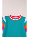 Turquoise Contrast Flutter Sleeves Knitted Sweater T Shirt - M