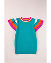 Turquoise Contrast Flutter Sleeves Knitted Sweater T Shirt - XL