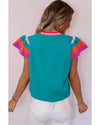 Turquoise Contrast Flutter Sleeves Knitted Sweater T Shirt - XL