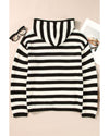 White Stripe V Neck Pocketed Drawstring Hooded Sweater - XL