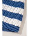 Blue Stripe V Neck Pocketed Drawstring Hooded Sweater - M