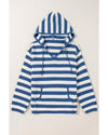 Blue Stripe V Neck Pocketed Drawstring Hooded Sweater - M