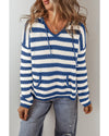 Blue Stripe V Neck Pocketed Drawstring Hooded Sweater - M
