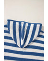 Blue Stripe V Neck Pocketed Drawstring Hooded Sweater - M