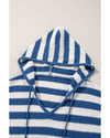 Blue Stripe V Neck Pocketed Drawstring Hooded Sweater - S