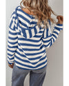 Blue Stripe V Neck Pocketed Drawstring Hooded Sweater - S