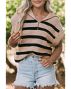 Khaki Stripe Zipped Collar Short Sleeve Sweater - M