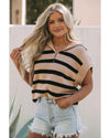 Khaki Stripe Zipped Collar Short Sleeve Sweater - M
