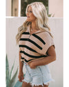 Khaki Stripe Zipped Collar Short Sleeve Sweater - M