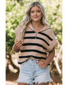 Khaki Stripe Zipped Collar Short Sleeve Sweater - M