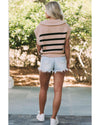 Khaki Stripe Zipped Collar Short Sleeve Sweater - M