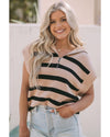 Khaki Stripe Zipped Collar Short Sleeve Sweater - M